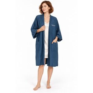 Jim Thompson 100% Thai Silk Kimono Robe‎ OS Blue Pockets Luxury Resort No Belt